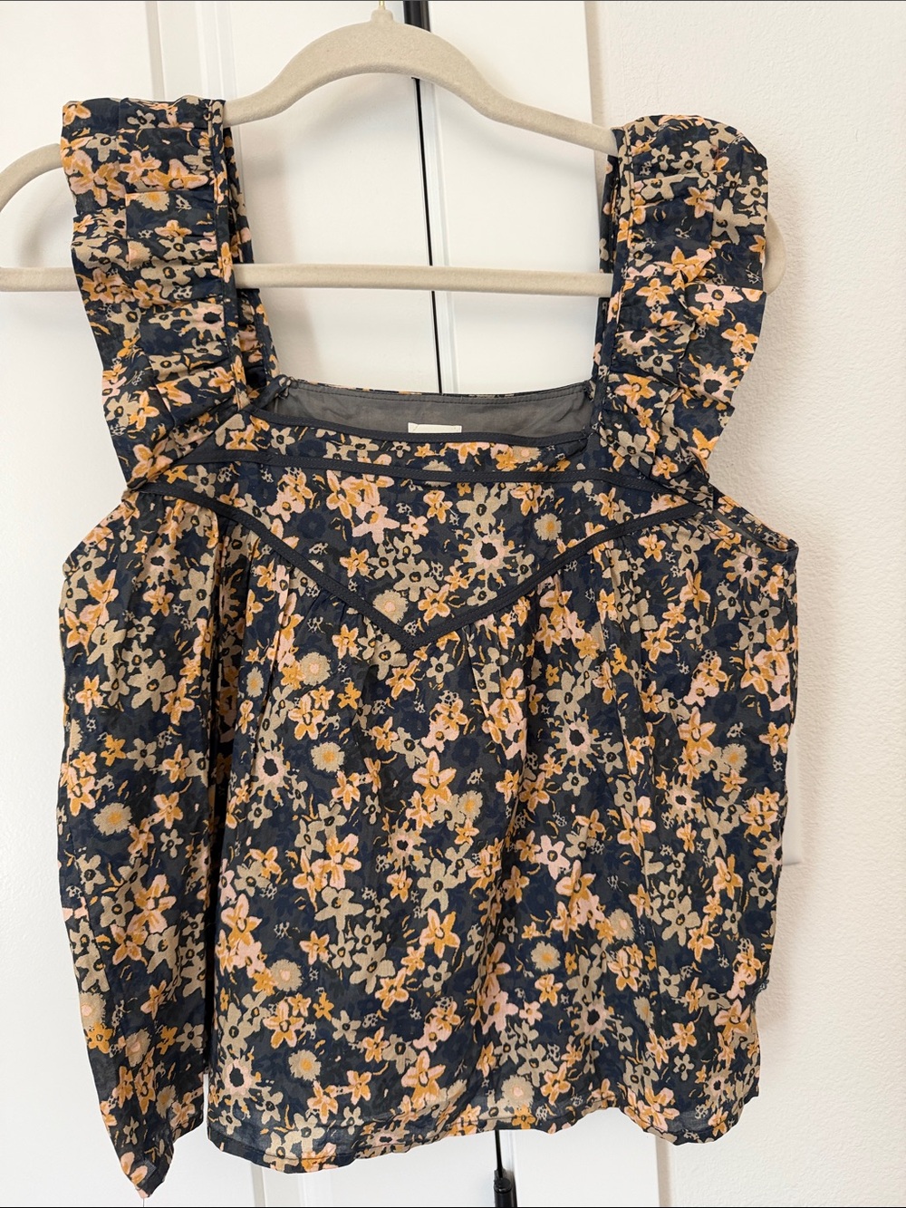 Floral Ruffle Strap Tank Top - Black & Mustard
